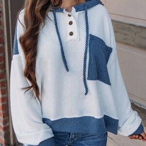 B136 White Corded Color block Patch Pocket Drawstring Hooded Top